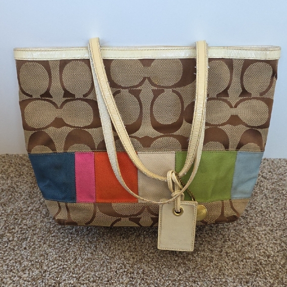 Coach Signature Brown Shoulder Bag with Multicolor Stripes - Vintage Y2K - Picture 1 of 8